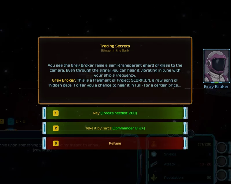 Branching dialogue with a character called the Grey Broker in Stellar Freight: Endless Horizon