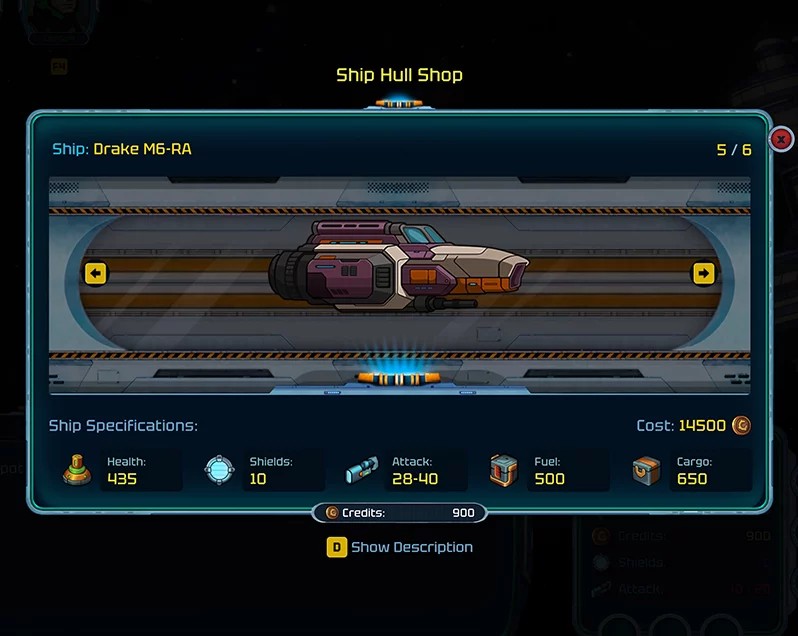Ship hull shop showing the Drake M6-RA with its specifications in Stellar Freight: Endless Horizon