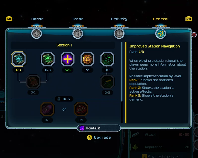 Captain talent tree with Battle, Trade, Delivery, and General branches in Stellar Freight: Endless Horizon